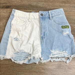 Broken Promises Two-Tone Distressed Denim Shorts Patchwork Frayed Size 3